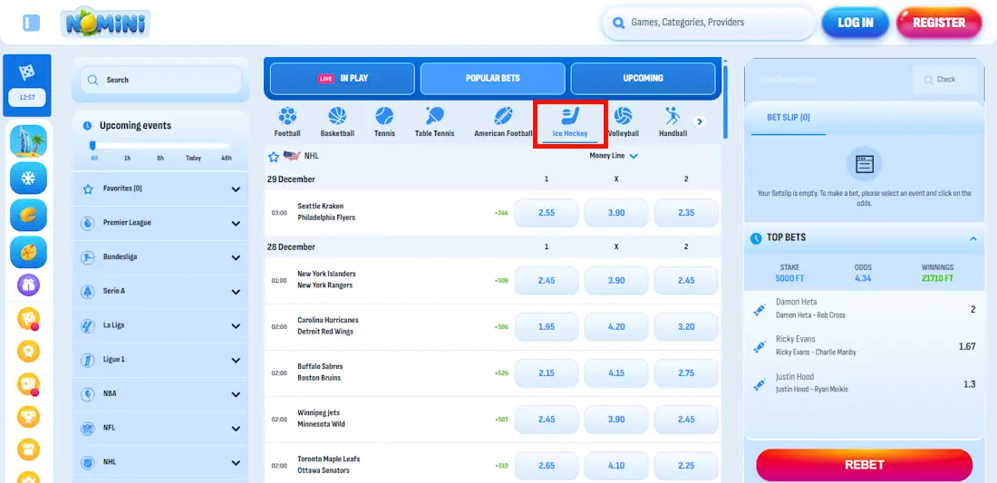 Nomini Hockey Betting Screenshot